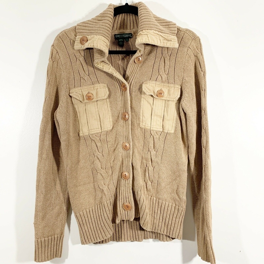 LRL Tan Cable Knit Button Front Collraed Sweater M